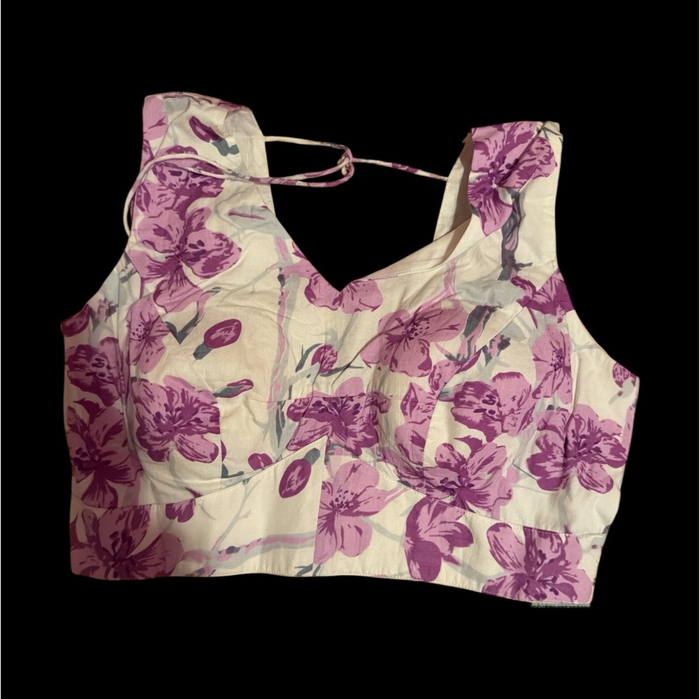 Floral Purple and White Sleeveless Saree Blouse